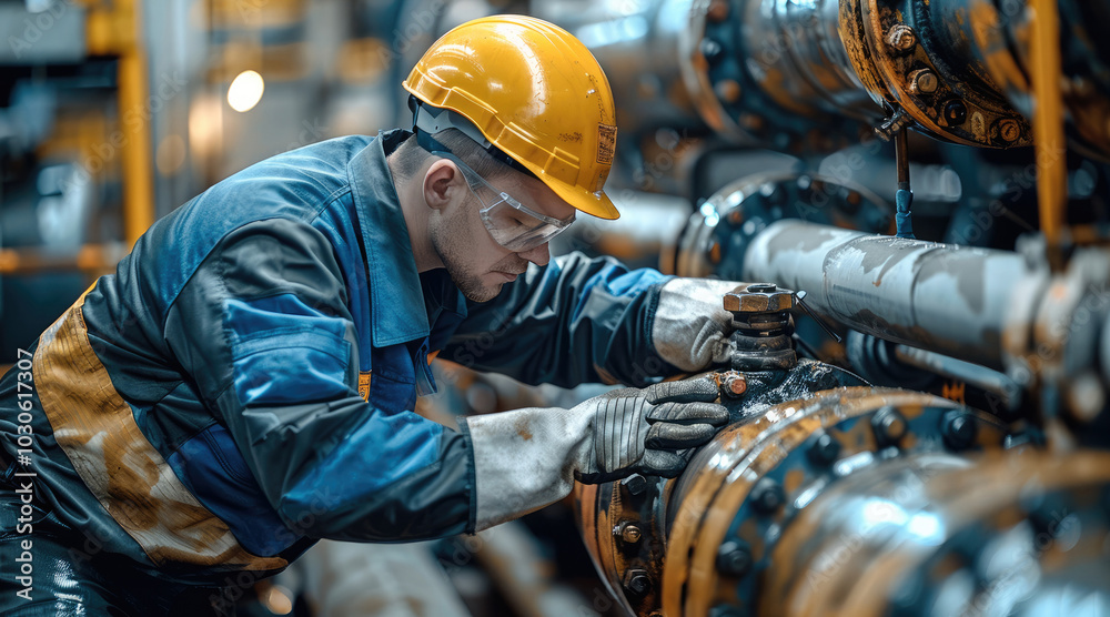 Wall mural technician in full safety gear repairing gas pipeline, a skilled technician wearing protective cloth