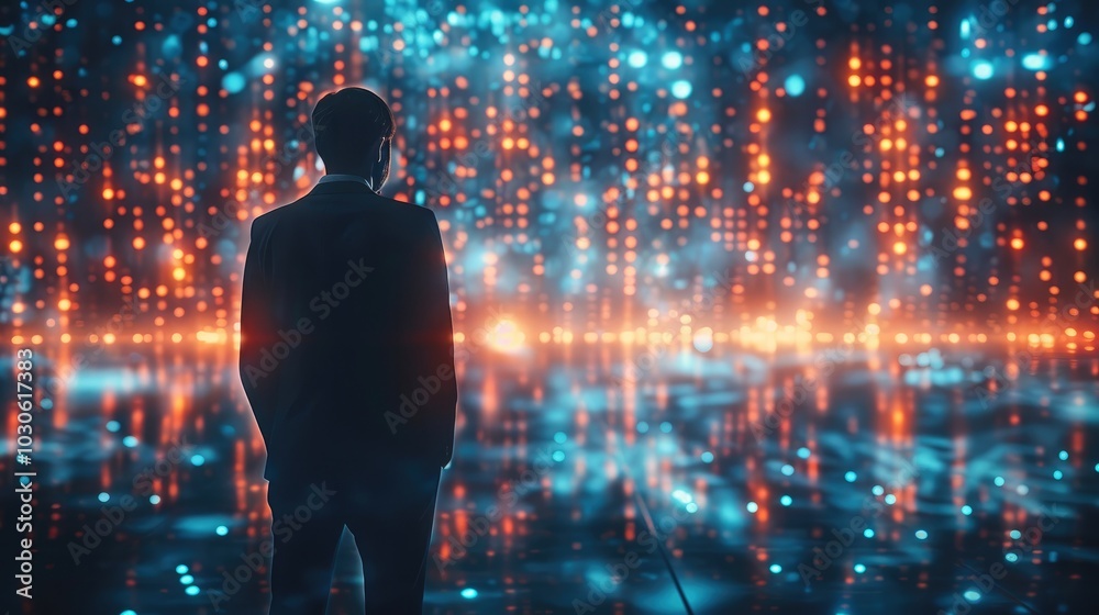 Leinwandbilder A businessman overseeing personalized customer experiences, with glowing data points adjusting in real-time to customer behavior.