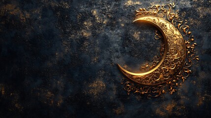 Luxurious Ramadan Kareem design featuring a shimmering gold moon surrounded by abstract Islamic elements set against a rich textured background that exudes elegance and festivity