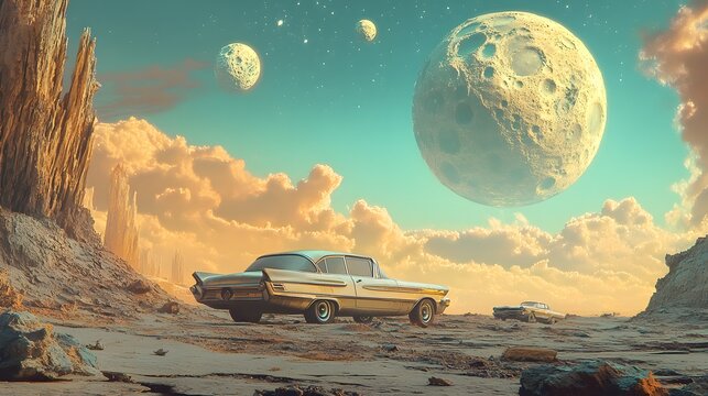 A dreamlike sci-fi landscape with massive glowing moons, pastel skies, and vintage cars floating above a cracked, alien desert