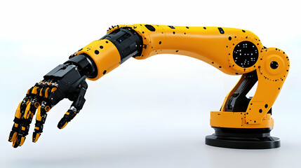 Fototapeta premium A 3D Render of a Robotic Arm with a Black and Yellow Design, Extending Outward with a Detailed Hand in a Grasping Posture