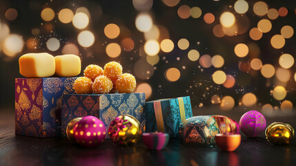 A festive arrangement of colorful gift boxes and decorative ornaments, evoking celebration.