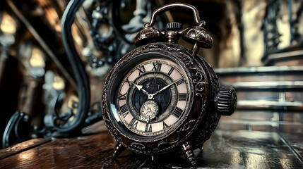 Fototapeta premium A Vintage Ornate Alarm Clock Rests on a Wooden Table with Intricate Ironwork in the Background