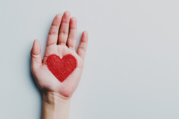 Fototapeta premium hand with red heart drawing, symbolizing love, care, and compassion. represents connection, warmth, and emotion gesture of giving or receiving love, making it a universal symbol of kindness 