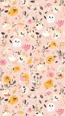 A seamless pattern with cute animal faces and floral elements on a pink background.