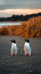 Fototapeta premium Two young penguins positioned on an island's edge in New Zealand, displaying their soft blue and gray feathers against a stunning twilight backdrop