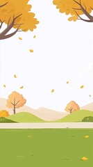 A simple cartoon illustration of a park with trees, hills, and falling leaves.