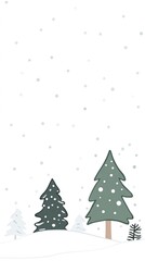 A simple illustration of snow falling over a group of fir trees in a snowy landscape.