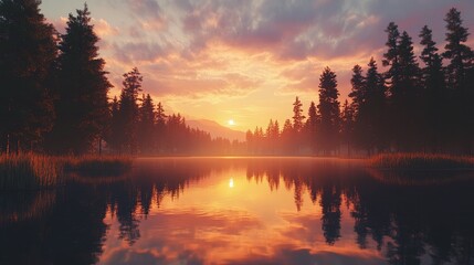 Fototapeta premium Sunset reflections over a serene lake surrounded by towering trees in a tranquil setting