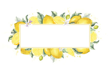 Lemon fruits, flowers and leaves. Isolated hand drawn watercolor frame. Wreath of Tropical citrus fruit. Template for menu, package, cosmetic, textile, cards