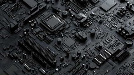 Fototapeta premium Abstract 3D Render of a Black Motherboard with Detailed Components