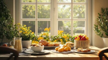 Cozy kitchen filled with fresh fruits and baked goods during a sunny autumn afternoon