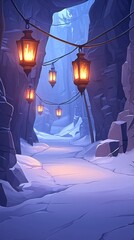A snowy path illuminated by lanterns, leading through a rocky, cave-like landscape.