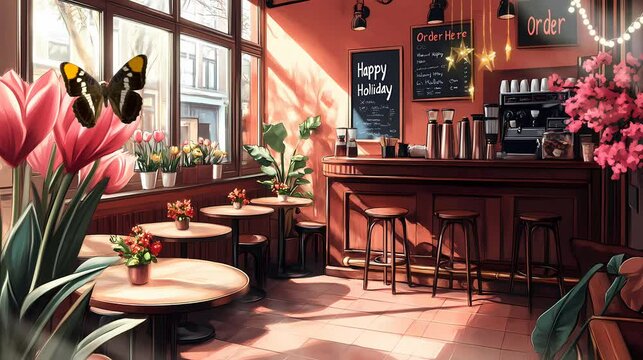 In this smooth anime-style caf&eacute;, round tables and a stylish minibar invite guests to relax. Soft lighting and holiday decor make it a perfect winter escape in looping animation footage.