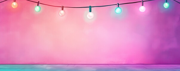 Colorful string lights hang against a vibrant pink wall, creating a cheerful ambiance.