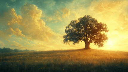 Obraz premium Large tree glowing under golden sunset in open field