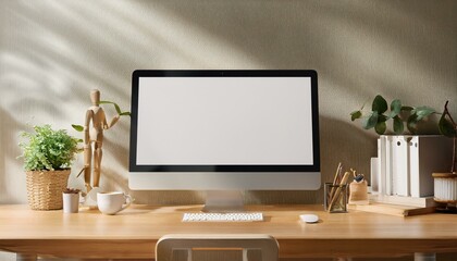 Sleek desktop monitor mockup on a wooden table with decorative elements. Home office concept. 3D Rendering