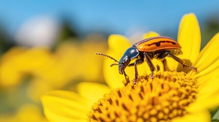 Vibrant Beetle on Sunflower Petal in Bright Garden