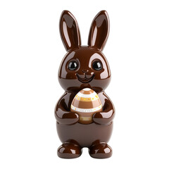 Obraz premium Playful 3D chocolate bunny character holding a mini Easter egg with shiny eyes and a big grin isolated on a transparent background 