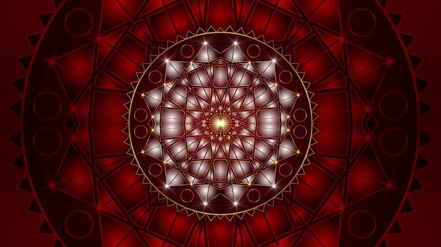 Video animation gold shiny Mandala in motion. Golden Luxury Sacred geometry in the moving dark red geometric background. Model for TV show, intro, movie, stage design. Arabesque pattern Arabic style