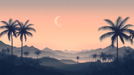 Minimalist Eid festival Ramadan banner featuring a serene landscape with a crescent moon and palm trees complemented by soft earth tones designed with open space for text in the center