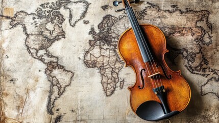 violin lies on a world map, concert concept