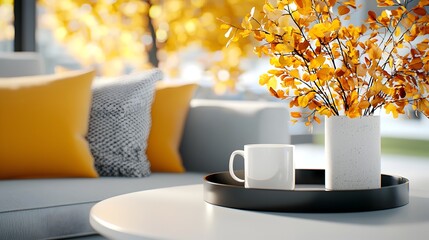 A cozy and inviting living room with a warm fall color palette featuring throw blankets autumn themed pillows and soft lighting that creates a comfortable and seasonal atmosphere