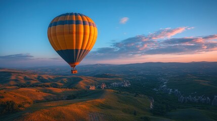 Obraz premium A vibrant hot air balloon soaring over rolling hills at sunset.