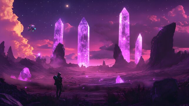 A surreal alien landscape with glowing crystals, vintage-style robots, and a strange purple sky filled with geometric patterns