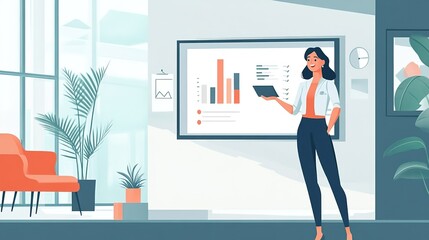 Obraz premium Young professional woman using a tablet while standing in a modern office filled with plants during the day