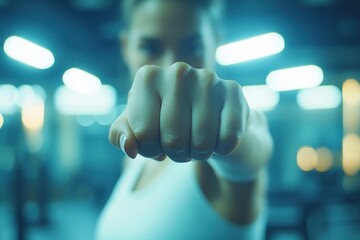 Empowered Woman Demonstrating Powerful Self-Defense Techniques in the Gym, Exuding Confidence and Strength During Fitness Training Discover the Confidence of Self-Defense and Empower Yourself Through
