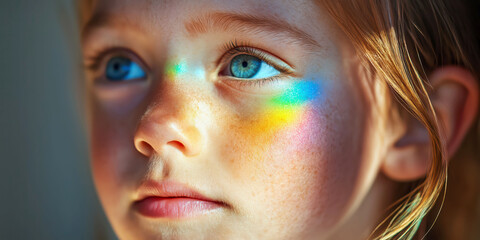 Close-up of child's face with rainbow light reflections in eyes
