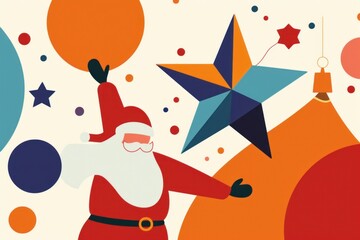 Abstract Christmas scene with Santa, colorful ornaments, and geometric star