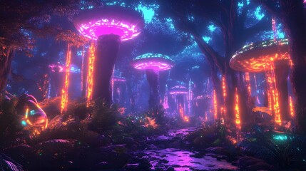 An alien jungle with retro robots and holographic wildlife displays, all bathed in neon light from the towering trees above