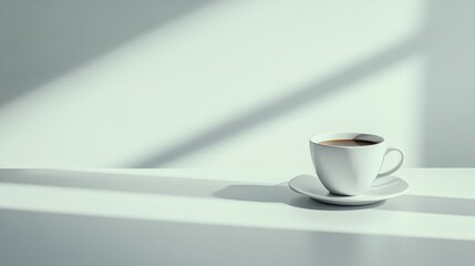 Obraz premium A white cup of coffee rests on a table with soft sunlight casting gentle shadows