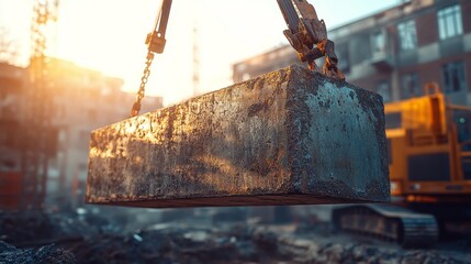 Close-up of a crane lifting a heavy steel beam at a construction site in natural daylight, showcasing realistic details of industrial machinery and precision work in an 8K high-definition setting.