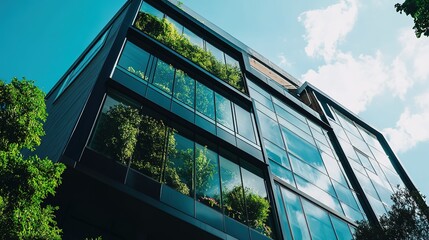 Modern glass office building surrounded by lush greenery during a cloudy day in a tranquil setting