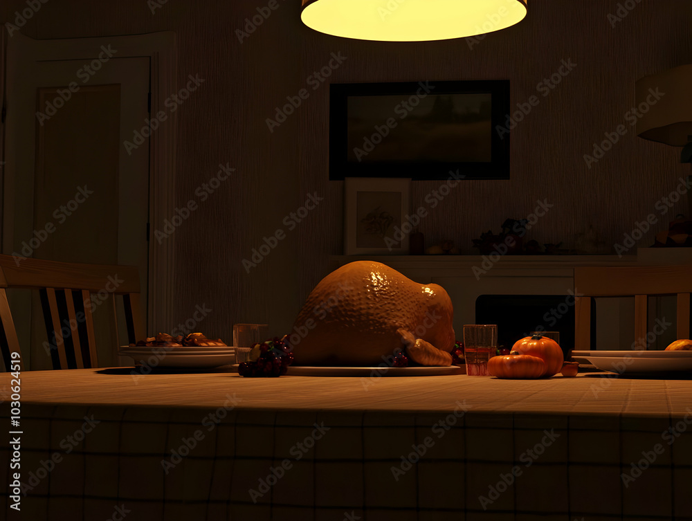 Wall mural A dimly lit dining table featuring a roasted turkey and seasonal decorations.