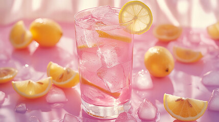 Tall glass of pink lemonade with ice and fresh lemonade