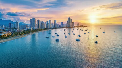 Golden sunset casts vibrant hues over coastal skyline with boats anchored in tranquil bay