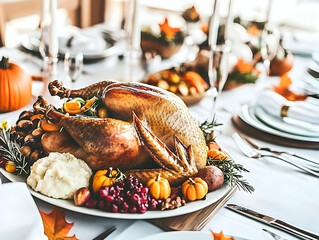 A festive Thanksgiving dinner featuring a roasted turkey and seasonal decorations.