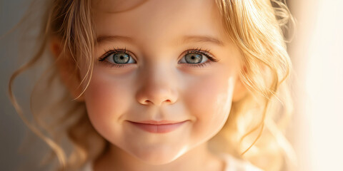 Naklejka premium Captivating portrait of smiling blonde child with blue eyes in warm sunlight