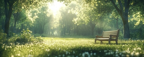 Obraz premium Peaceful Summer Forest Scene with a Wooden Bench, Relaxing Nature Escape, Tranquil Nature Background