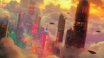 A surreal city with neon-tinted clouds and vintage-style skyscrapers, flying cars zooming between the buildings and glowing geometric structures