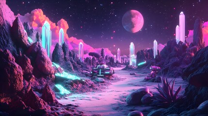 A surreal landscape with glowing crystals, pastel skies, and vintage robots exploring an alien desert under a neon-lit moon