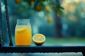 Refreshing Homemade Lemonade on a Porch Swing Overlooking a Serene Summer Garden, Escape to Tranquility with a Cool Drink
