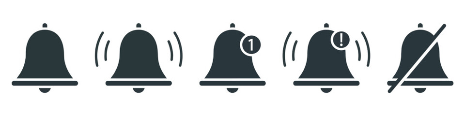 Notification bell icon for incoming inbox message. Notification bell icon set. Alarm symbol. Vector ringing bell and notification number sign for alarm clock and smartphone application alert.