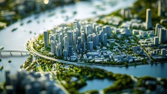 detailed model of eco friendly urban development showcases modern architecture and green spaces along river. This vibrant cityscape emphasizes sustainability and innovation