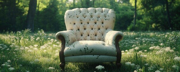 Relaxing in Nature A Vintage Chair Set Amidst Lush Summer Greenery, Surrounded by Birdsong, Perfect for a Nature-Inspired Summer Retreat