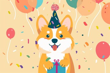 Naklejka premium Festive corgi with gift in party hat and balloons